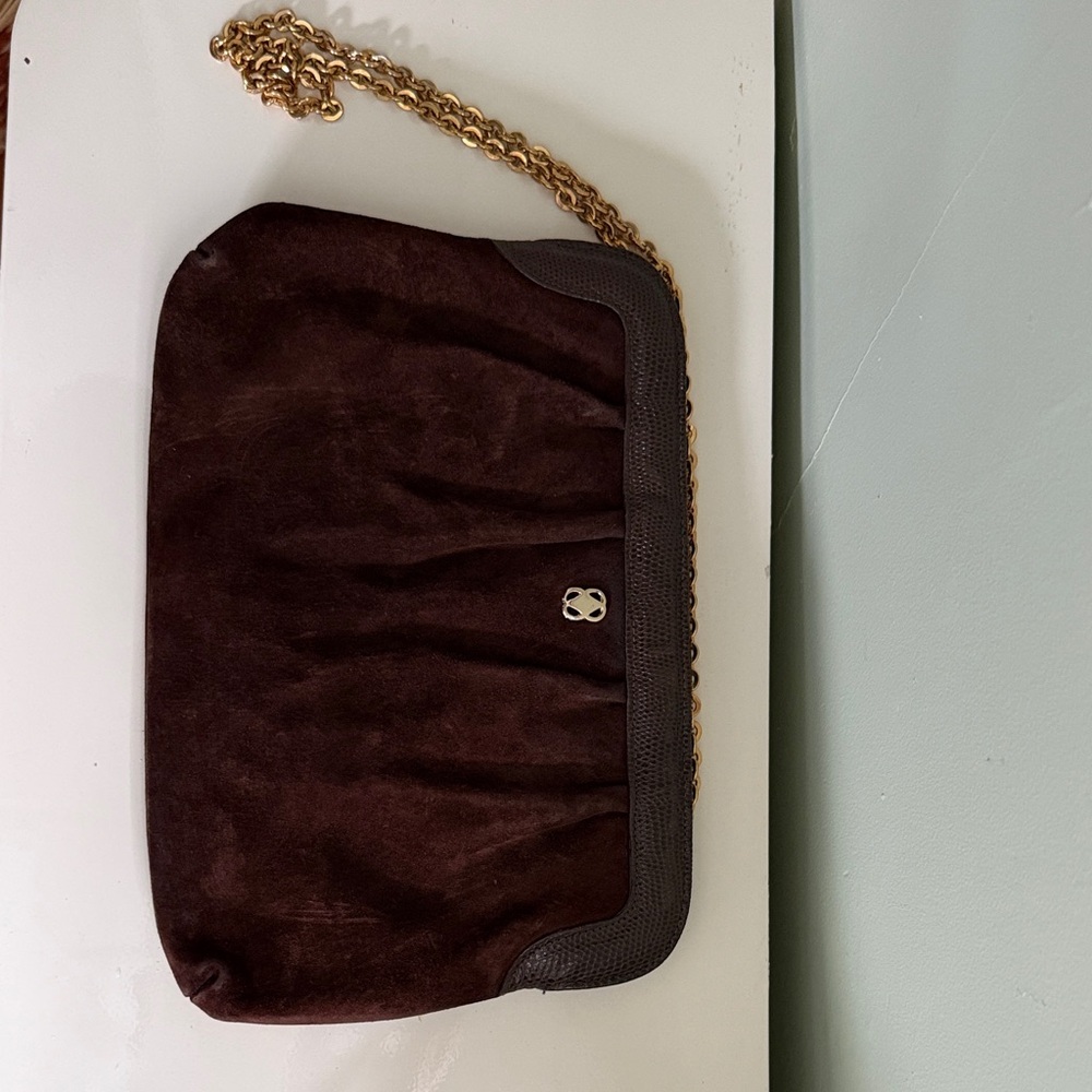 Vintage Brown Suede Clutch with Gold Chain